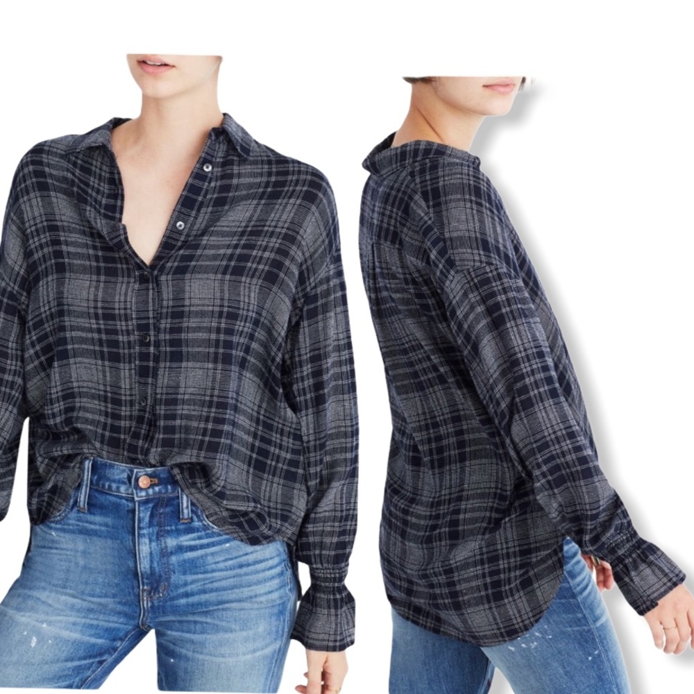 Madewell Navy White Wool Bell Sleeve Button‎ Down